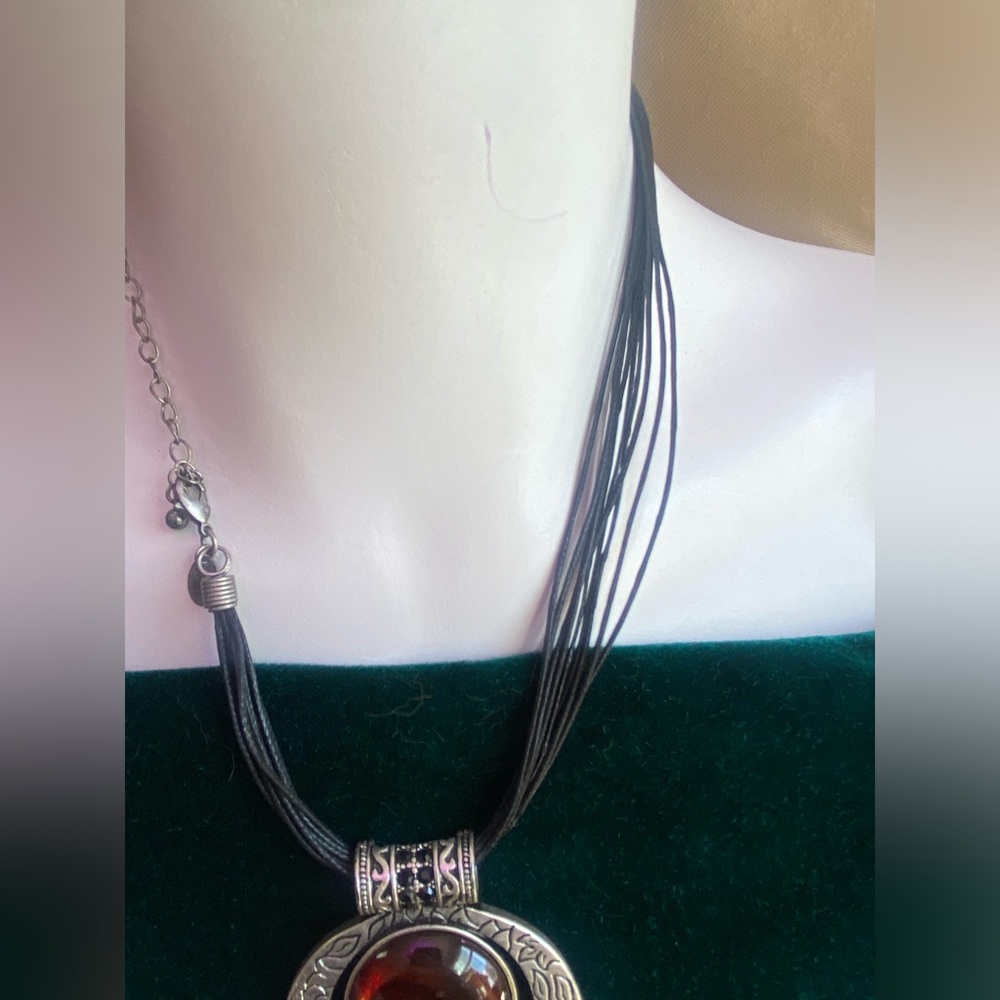 Lia Sophia Multi-Strand Black Cord Necklace with Amber Glass Pendant - Picture 2 of 9